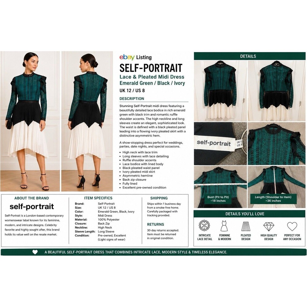 Self-Portrait Lace Pleated Midi Dress Green Black Ivory Long Sleeve US 8 UK 12 - Picture 3 of 12